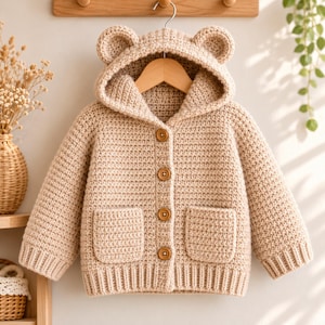 Puede incluir: Un cárdigan de ganchillo beige con capucha que presenta dos pequeñas orejas redondeadas, mangas largas con puños acanalados, un dobladillo acanalado y cuatro botones de madera marrón en la parte delantera. Tiene dos bolsillos cuadrados.