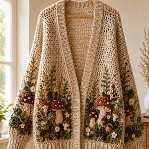 May include: A beige crochet cardigan featuring an intricate botanical design with three-dimensional mushrooms, small white flowers, and green foliage appliqués on the front panels and sleeves, finished with a ribbed collar and cuffs.