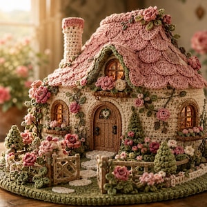 May include: A crochet cottage featuring a scalloped pink roof, cream-colored walls, and a brown arched door. The structure is adorned with crocheted pink roses, green foliage, and small trees. A low fence surrounds the house, which sits on a green base.
