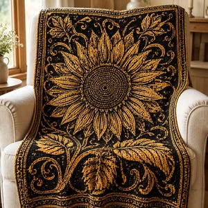May include: A rectangular crochet blanket featuring a large, central sunflower motif in golden yellow yarn against a solid black background. The design includes intricate swirling vine patterns and detailed leaves, all bordered by a decorative trim.