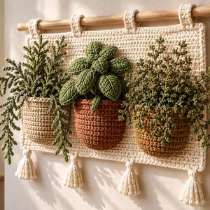 Puede incluir: Un tapiz de ganchillo color crema con tres bolsillos integrados que contienen plantas verdes tejidas. La pieza cuelga de una varilla de madera y está rematada con cuatro borlas color crema a lo largo del borde inferior.