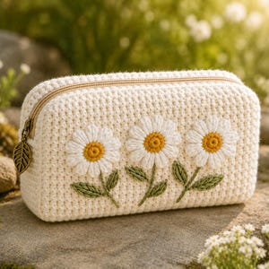 Modello per pochette cosmetica all'uncinetto a forma di margherita: pochette piatta con cerniera (download PDF)