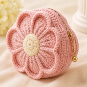 Puede incluir: Un monedero redondo de ganchillo con forma de flor, con pétalos rosas y un centro de color crema. El monedero cuenta con una cremallera de metal dorado con un pequeño dije esférico dorado unido al tirador de la cremallera.