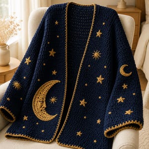 May include: A dark navy blue crochet cardigan featuring gold-colored embroidered celestial motifs, including a large crescent moon with a face and various sizes of stars scattered across the front panels and sleeves, finished with a gold trim.