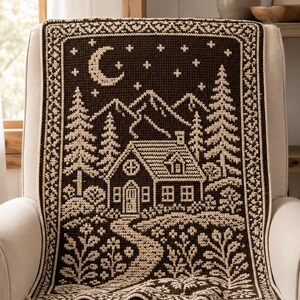 May include: A rectangular crochet blanket featuring a dark brown and cream color scheme. The design depicts a cabin nestled among pine trees and mountains under a crescent moon and stars, with a winding path and floral motifs in the foreground.