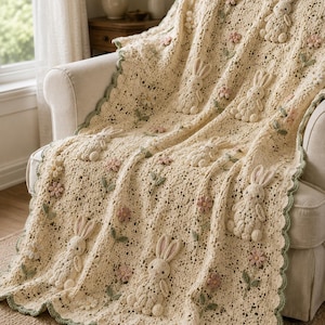 May include: A cream-coloured crochet blanket featuring raised, three-dimensional bunny motifs and small pink and white flower appliqués. The blanket has a delicate openwork stitch pattern and a scalloped border trimmed in a soft sage green yarn.