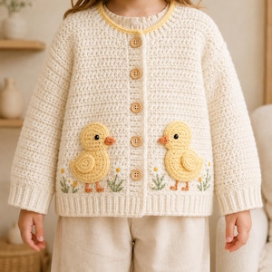 May include: A cream-colored long-sleeve crochet cardigan featuring a round neckline with yellow trim, five light brown wooden buttons, and two yellow duck appliqués on the front, accented with embroidered white daisies and green stems.