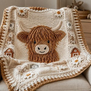 May include: A cream-colored crochet blanket featuring a large, textured, three-dimensional brown Highland cow head in the center. The blanket is decorated with small crocheted daisy flowers and brown barn motifs, finished with a brown and cream border.