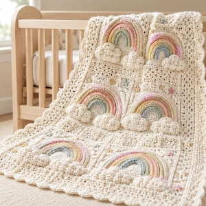 May include: A cream-colored crocheted blanket featuring a repeating pattern of raised, textured rainbows in soft pastel shades of pink, blue, and yellow. Each rainbow is accented with puffy, white crocheted clouds and small star motifs.