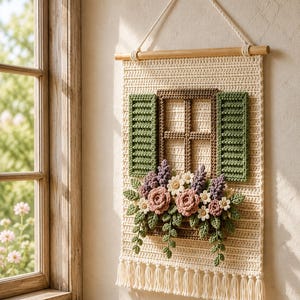 May include: A cream-colored crochet wall hanging featuring a brown window frame with green shutters and a flower box filled with crocheted pink roses, white daisies, purple lavender, and green leaves, suspended from a wooden dowel with fringe.