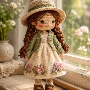 May include: A handcrafted crochet doll with brown yarn hair in two braids, wearing a beige sun hat, a sage green cardigan with a single button, and a cream-colored dress featuring embroidered pink and purple flowers, paired with brown shoes.