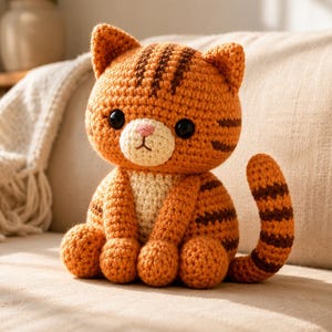 Op de afbeelding: Een gehaakte oranje cyperse kat knuffel met donkerbruine strepen, een crèmekleurige snuit en borst, grote zwarte plastic ogen en een kleine roze geborduurde neus. Het knuffeldier zit rechtop met een lange gestreepte staart.