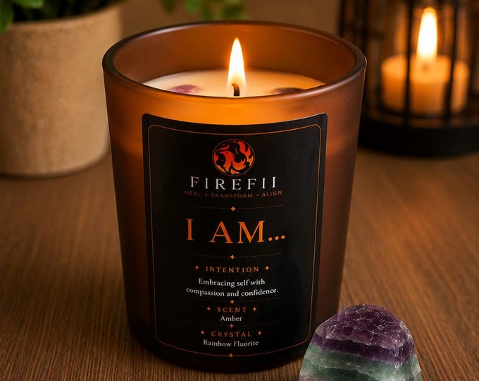 I Am... Amber Scented Candle with Rainbow Fluorite Crystal, Intention Candle