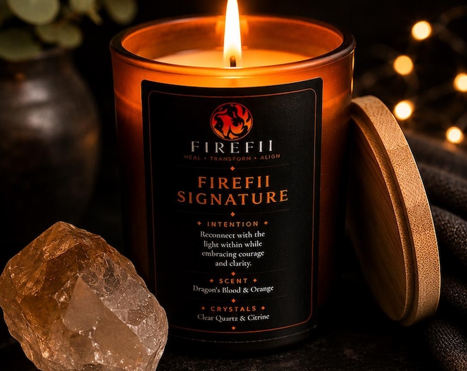 Firefii Signature Candle: Dragon's Blood Orange, Coconut-Soy Wax, Clear Quartz Citrine