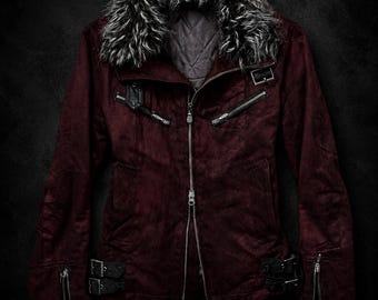 Red Kraven Jacket Vintage Y2K Japanese Fashion Dark Suede Leather Handmade Stitched Winter Cosplay Coat