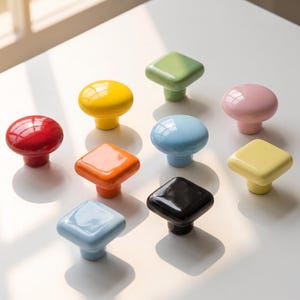 May include: A collection of ten cabinet knobs in various shapes and colors, including round and square designs. The colors featured are red, yellow, green, pink, orange, light blue, black, and pale yellow, all with a smooth, glossy finish.
