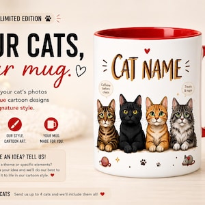 Puede incluir: Una taza de cerámica blanca con interior y asa rojos, que presenta una ilustración de dibujos animados personalizada de cuatro gatos. El texto dice CAT NAME, Caffeine before chaos y Treats & naps, con huellas de patas y un ratón de juguete.