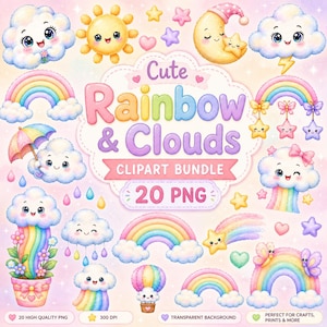 Pode incluir: Um pacote de clipart digital com ilustrações coloridas de nuvens, arco-íris, sóis, luas e estrelas sorridentes. O texto central diz Cute Rainbow & Clouds CLIPART BUNDLE 20 PNG. Os gráficos incluem elementos climáticos em tons pastel.