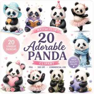May include: A digital collection of 20 watercolor panda illustrations featuring various characters including pandas with hats, glasses, tutus, and holding items like hearts, stars, and cupcakes, with the text 20 Adorable Panda Clipart.