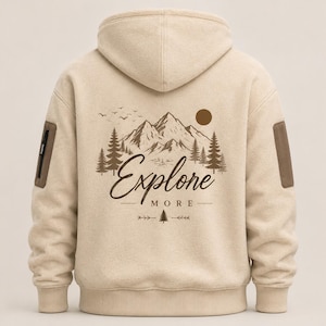 Cream Sherpa Fleece Hoodie, Mountain Graphic Pullover, Unisex Winter Hoodie, Cozy Outdoor Sweatshirt