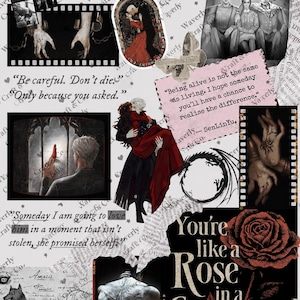 Peut inclure: Un collage numérique avec le titre Alchemised, des illustrations de personnages en rouge et noir, une rose, des loups et des extraits de texte dont Be careful. Don't die. Only because you asked. et You're like a Rose in a Graveyard.