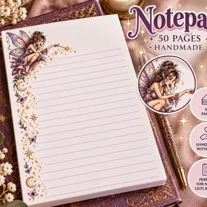 May include: A rectangular notepad with 50 pages featuring horizontal lines and a left-side border illustration of a fairy with wings, stars, butterflies, and crescent moons. The text "Notepad 50 PAGES HANDMADE" is printed in purple at the top right.