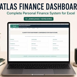 Personal Finance Dashboard for Excel, Budget Planner, Expense Tracker, Savings, Debt and Investment Spreadsheet, 5 Languages