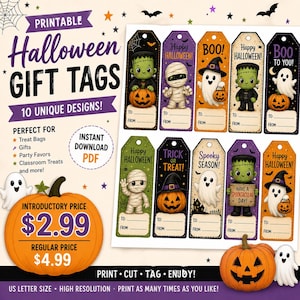 Printable Halloween Gift Tags | Frankenstein, Mummy, Ghost, Jack O Lantern (Digital Download)