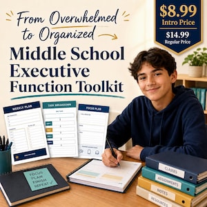 May include: A Middle School Executive Function Toolkit featuring printed planning sheets labeled Weekly Plan, Task Breakdown, and Focus Plan. The set includes a spiral-bound notebook, a stack of four colored binders labeled Classes, Assignments, Notes, and Resources.