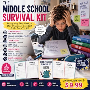May include: A digital download set titled The Middle School Survival Kit, featuring a weekly schedule, homework tracker, test prep planner, and grade tracker. The kit includes printed pages with checklists and organisational tools for students.