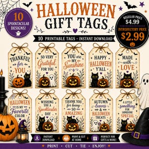 Fall Pumpkin Gift Tags | Halloween Party Favor Black cats Jack-o-lanterns Printable PDF (Instant Download)