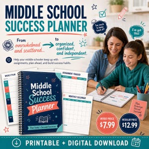 May include: A spiral-bound Middle School Success Planner with a dark blue cover featuring white and red text. The planner includes a weekly plan, assignment tracker, and monthly calendar pages. The text reads Middle School Success Planner.