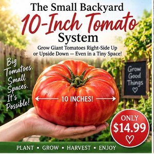 Puede incluir: Un tomate rojo grande con tallo verde sostenido en una mano. El texto dice: The Small Backyard 10-Inch Tomato System, Grow Giant Tomatoes Right-Side Up or Upside Down — Even in a Tiny Space!, Big Tomatoes. Small Spaces. It's Possible!, 10 INCHES!, ONLY $14.99, Grow Good Things, PLANT - GROW - HARVEST - ENJOY.