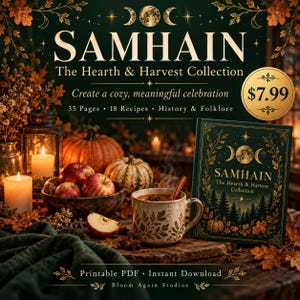 Guida alla celebrazione di Samhain: ricette, storia e folklore, menù autunnali, attività commemorative e programma stampabile in PDF.