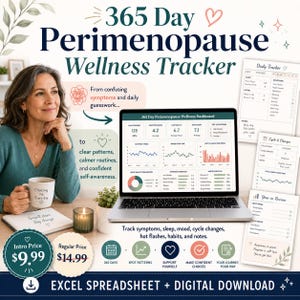以下が含まれることがあります： ノートパソコンの画面に表示された365 Day Perimenopause Wellness Trackerデジタルスプレッドシート。症状スコア、睡眠の質、気分、周期の変化を示すグラフと、印刷されたデイリートラッカーおよび年間レビューページが含まれています。