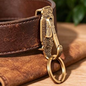 May include: A dark brown leather belt featuring a brass-toned metal clip with intricate embossed patterns. The clip is attached to a circular brass-toned metal ring, providing a functional attachment point for keys or other small items.