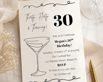 30th Birthday Invitation Template, Thirty Flirty & Thriving Invite, Editable Canva Birthday Invite, Dirty Thirty