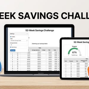 May include: A laptop and tablet displaying a 52-Week Savings Challenge interactive web tracker. The screens show tables, progress charts, and settings. Blue and orange stickers state NO Installation / NO Subscription Needed, NO Postarcition iPad, and Instant Download.