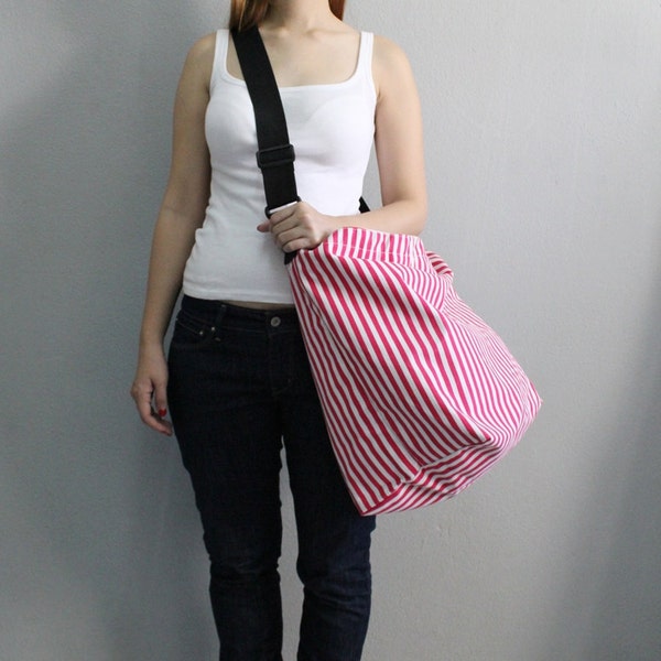 BagStory ZAZA Carry All Cross Body Canvas Pink and White Stripe Bag, Slouchy Shoulder Sling Handbag