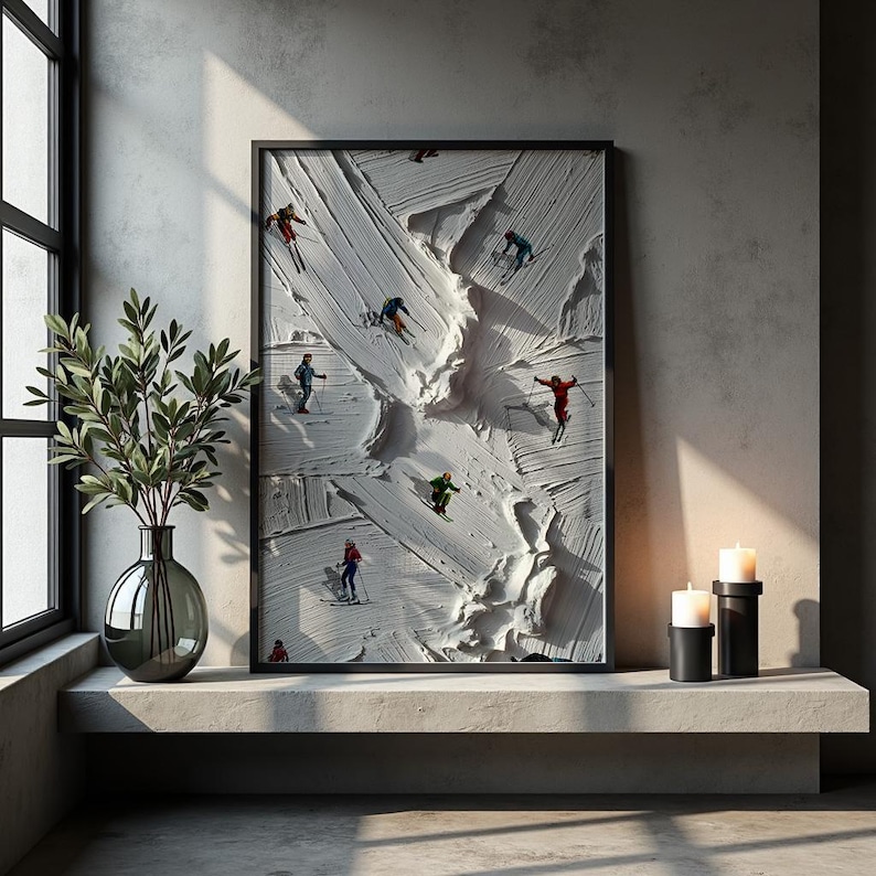 May include: A framed wall art print featuring a textured white impasto background with multiple small figures of skiers in colorful outfits descending a snowy slope. The artwork is displayed in a black frame, capturing the dynamic movement of winter sports.