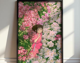 Spirited Away Poster, Chihiro Flower Garden Wall Art, Studio Ghibli Anime Print, Pink Bedroom Decor, Magical Movie Fan Gift Artwork for Her