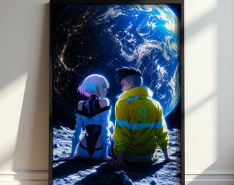 Cyberpunk Edgerunners Poster, Lucy and David Moon Wall Art, Anime Sci-Fi Print, Gaming Room Decor, Romantic Fan Gift, Night City Artwork