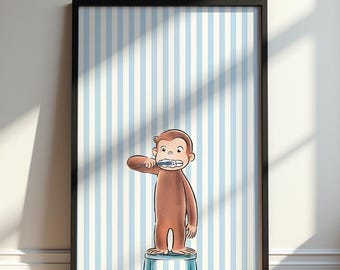 Curious George Poster, Blue Striped Bathroom Wall Art, Brushing Teeth Print, Kids Room Decor, Nursery Artwork, Cute Storybook Gift for Kids