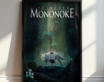 Princess Mononoke Poster, San and Moro Wall Art, Studio Ghibli Forest Print, Anime Bedroom Decor, Fantasy Movie Fan Gift, Nature Art Print