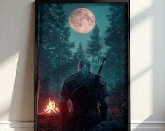 The Witcher Geralt Poster, Dark Fantasy Wall Art, Moonlit Forest Game Print, Medieval Bedroom Decor, RPG Fan Gift, Gaming Room Artwork Print