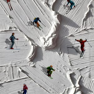 May include: A textured white impasto oil painting featuring multiple small figures of skiers in colorful winter gear, including red, blue, green, and yellow jackets, navigating across a thick, raised white paint surface representing snow.
