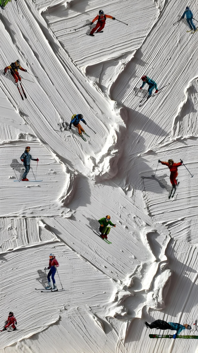 May include: A textured white impasto oil painting featuring multiple small figures of skiers in colorful winter gear, including red, blue, green, and yellow jackets, navigating across a thick, raised white paint surface representing snow.