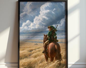 Zelda Link Horseback Poster, Hyrule Wall Art, Fantasy Game Print, Nintendo Fan Gift, Gaming Room Decor, Adventure Landscape Artwork Print