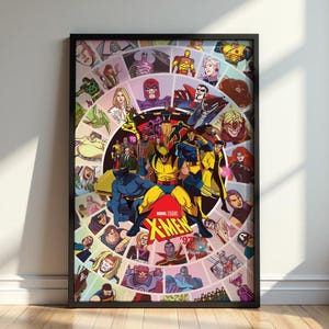 May include: A framed poster featuring a colourful collage of Marvel X-Men characters arranged in a circular pattern. Wolverine stands prominently in the centre with the red and yellow Marvel Studios X-Men '97 logo positioned below him.