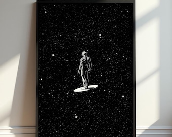 Silver Surfer Poster, Marvel Cosmic Wall Art, Black and White Space Print, Minimalist Bedroom Decor, Galactic Superhero Fan Gift Art Print